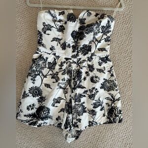 Floral Strapless Romper in Black and White